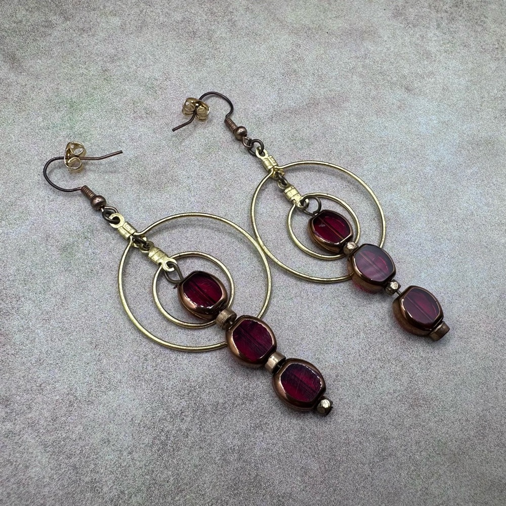 Gold Hoop Drop Earrings with Burgundy Glass Beads - Women Jewelry